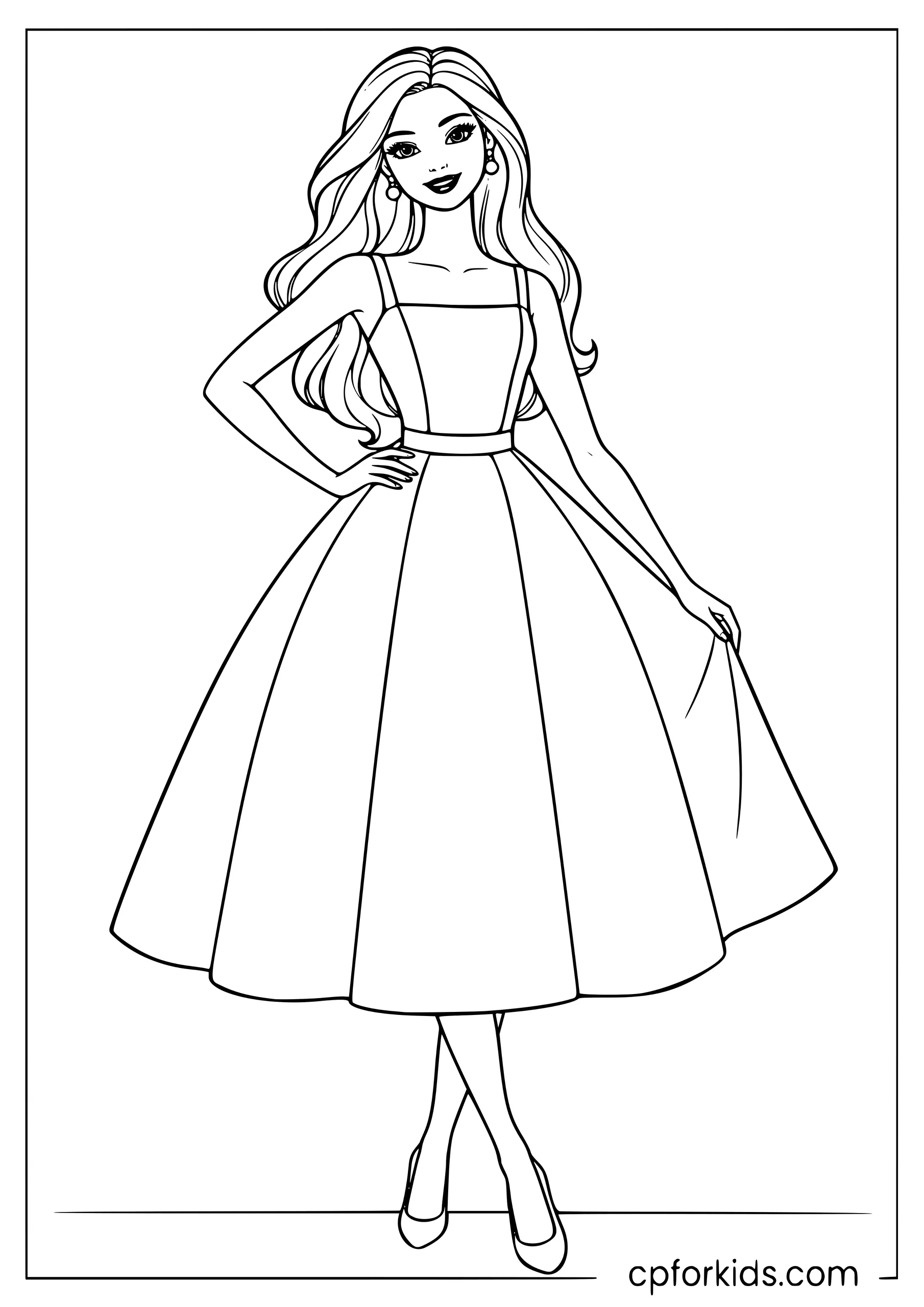 Barbie wearing a blank-outline dress with large empty panels for custom patterns