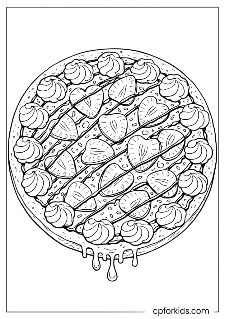 Dessert pizza with strawberries chocolate drizzle and whipped cream coloring page
