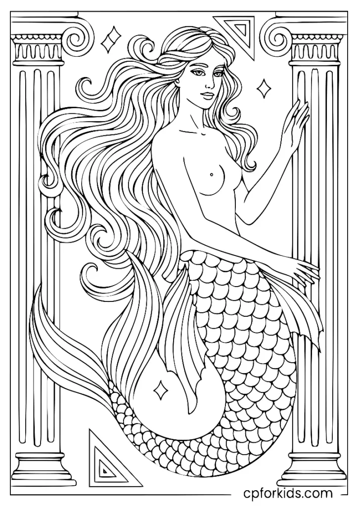 Ancient Greek style mermaid coloring page