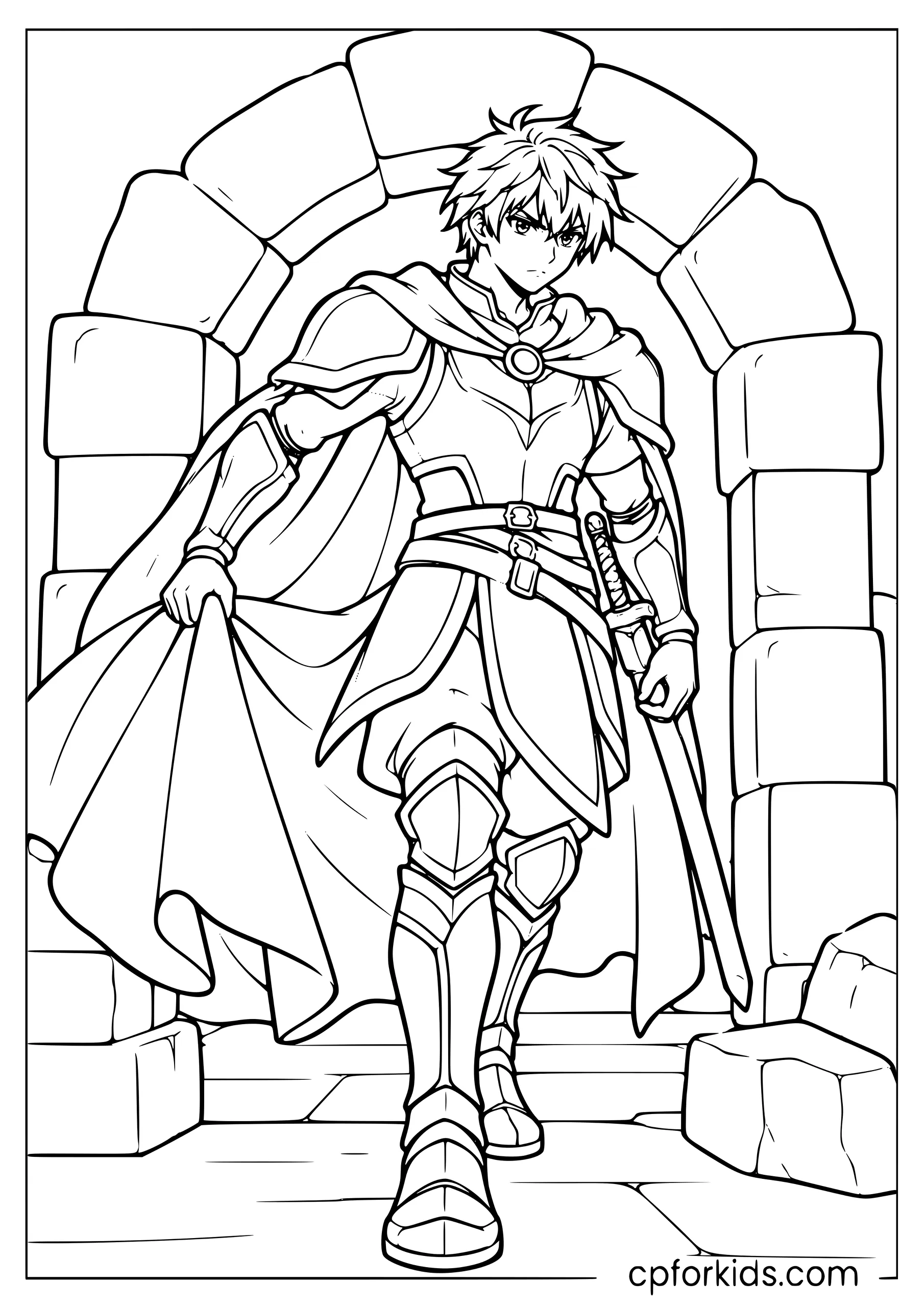 Armored anime warrior gathering his cape beneath a stone arch