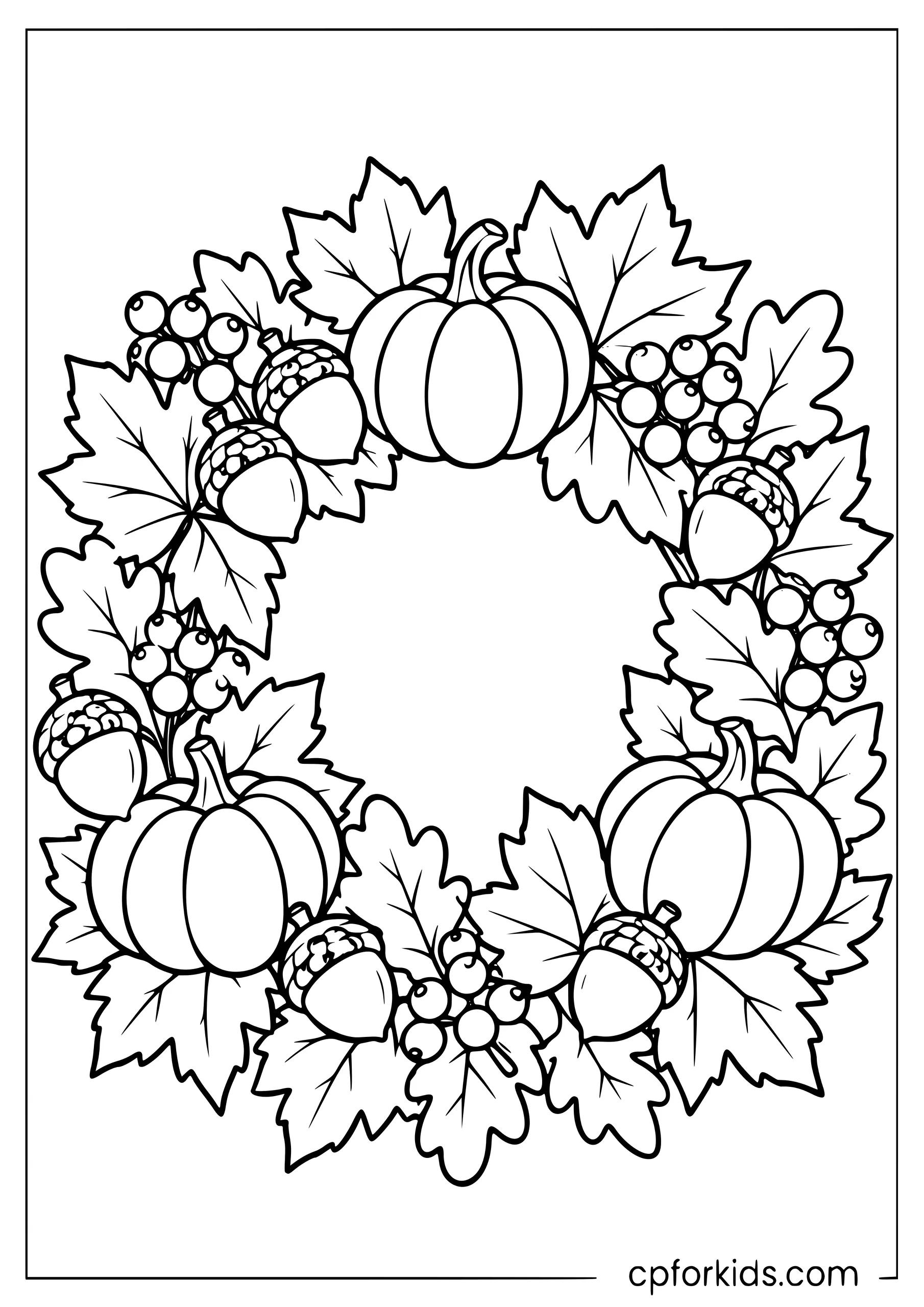 Detailed autumn wreath with leaves, acorns, and berries