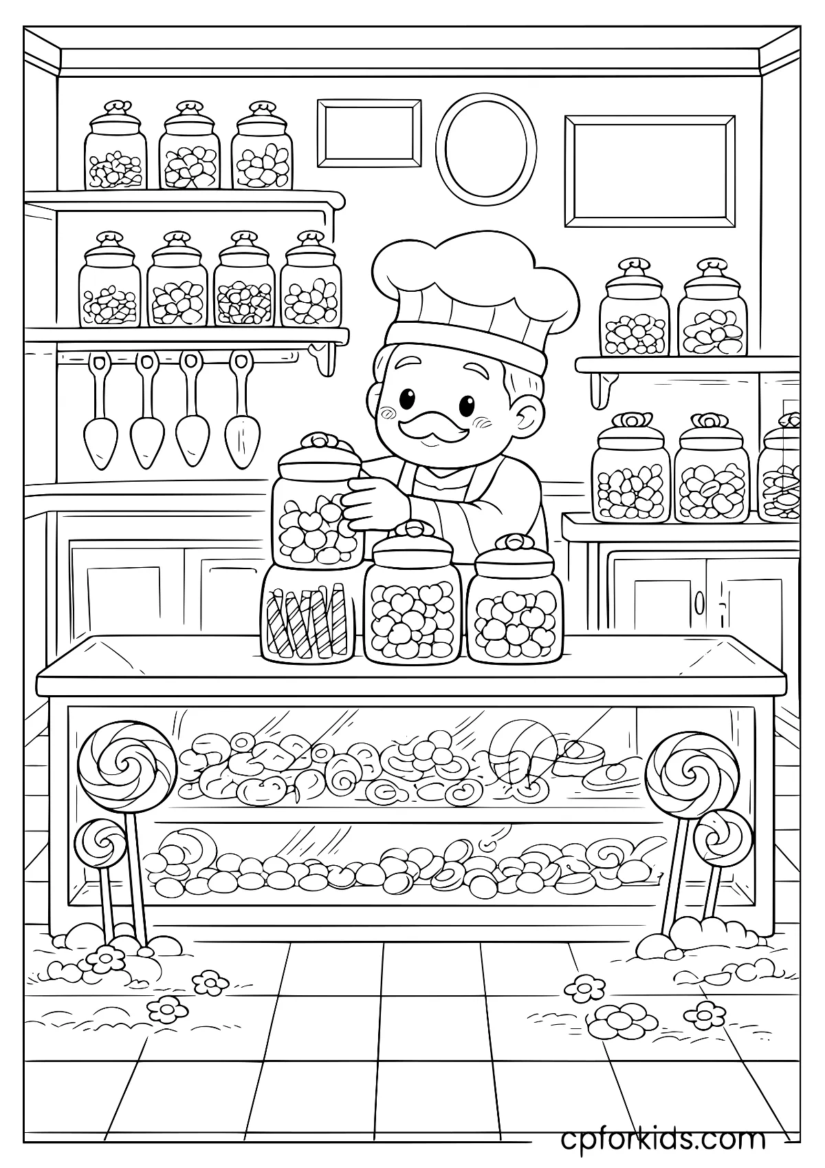 Detailed candy shop interior with jars and shelves