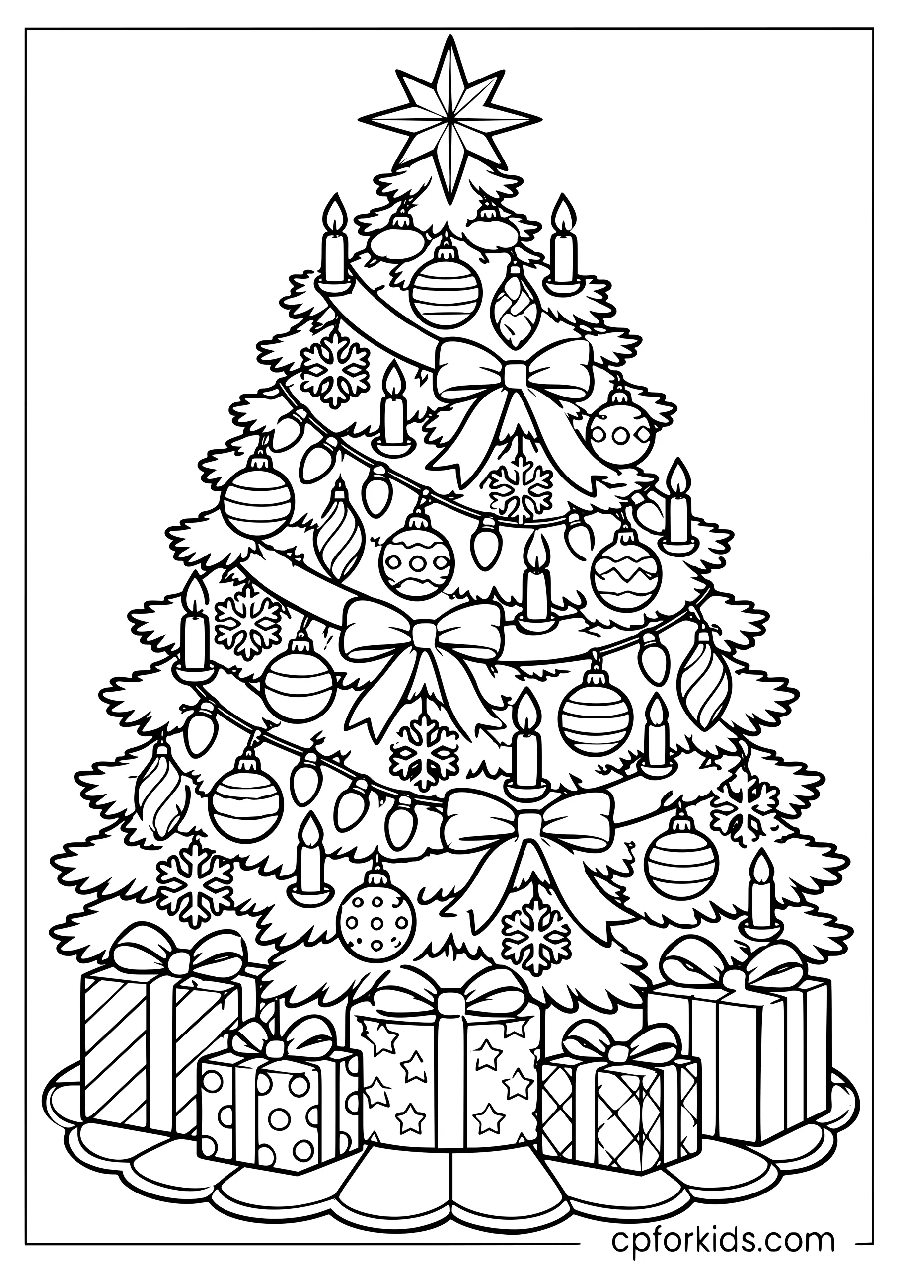 Detailed Christmas tree covered with ornaments, ribbons, and lights