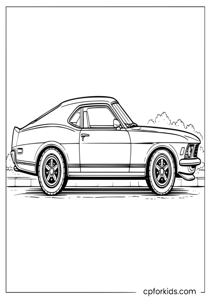 Detailed classic car side view with realistic trim lines coloring page