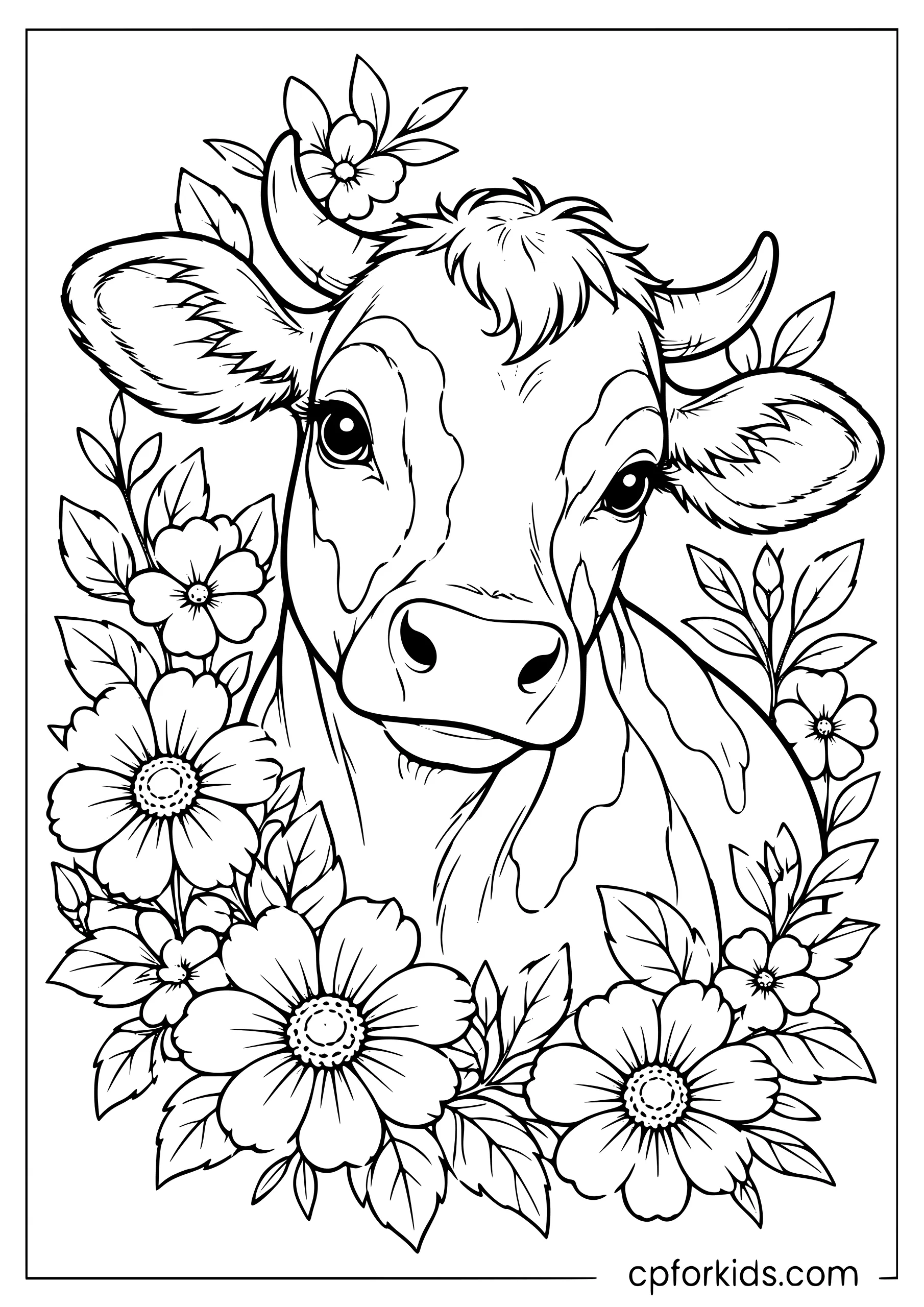 Detailed cow portrait framed by flowers and leaves
