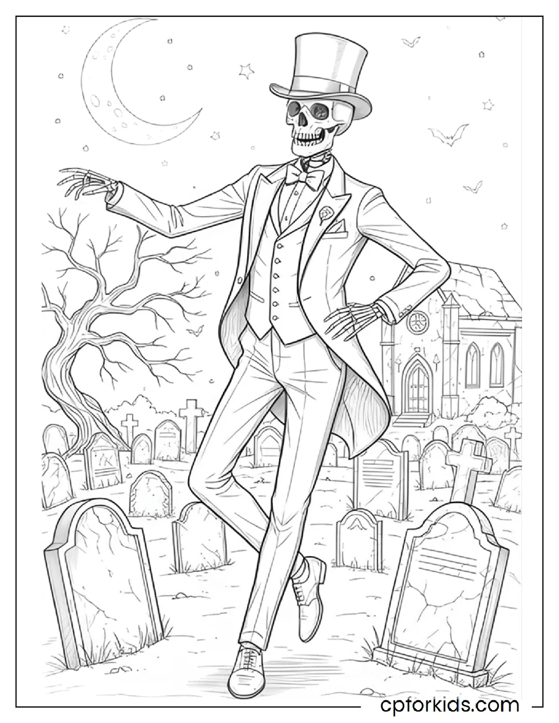 Skeleton in a suit and top hat dancing