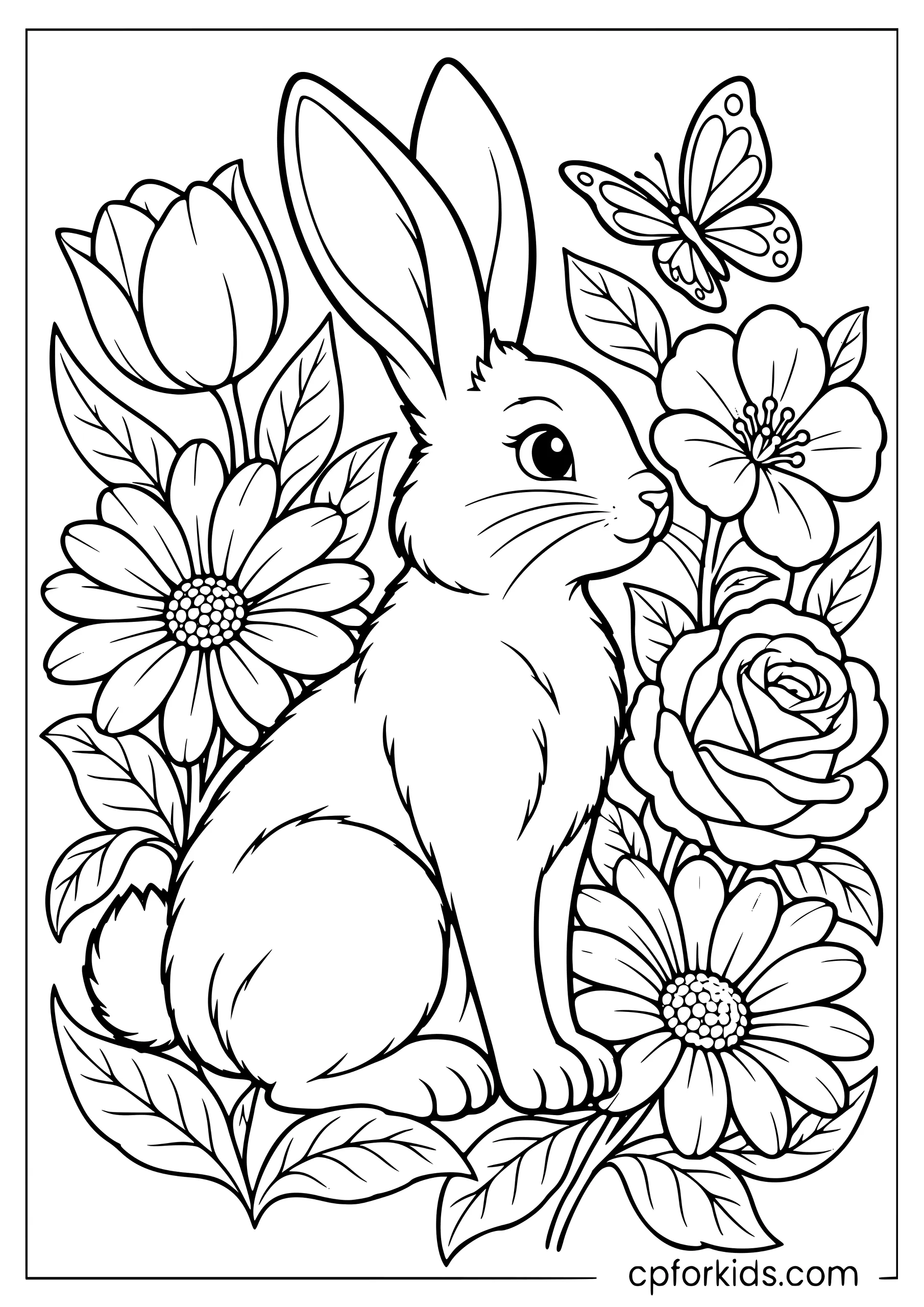 Side-profile rabbit surrounded by large flowers and leaves