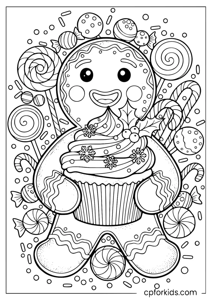Gingerbread man holding cupcake with holiday candy details