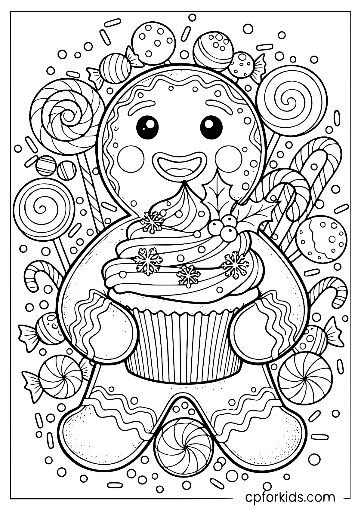 Gingerbread man holding a decorated cupcake