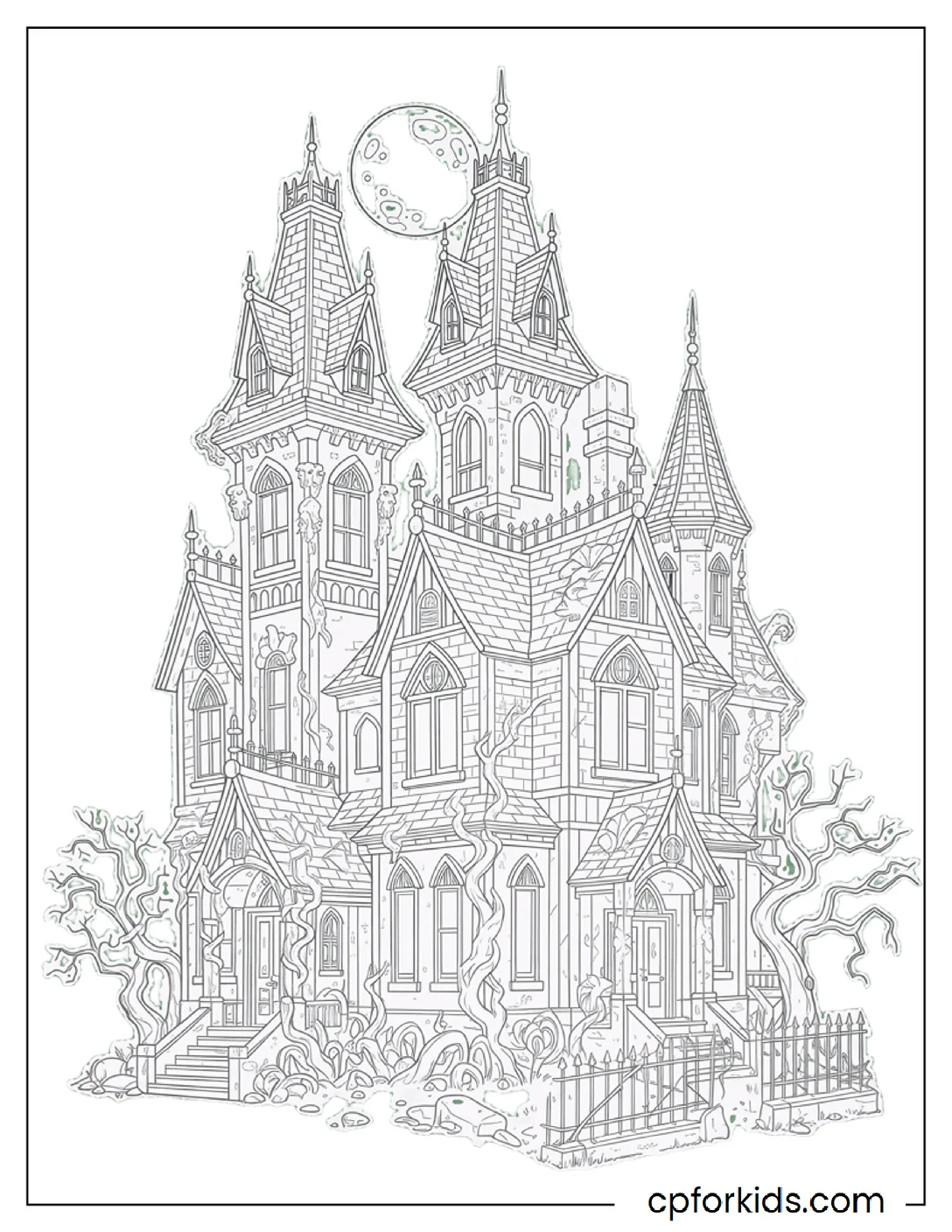 Gothic haunted mansion under a full moon