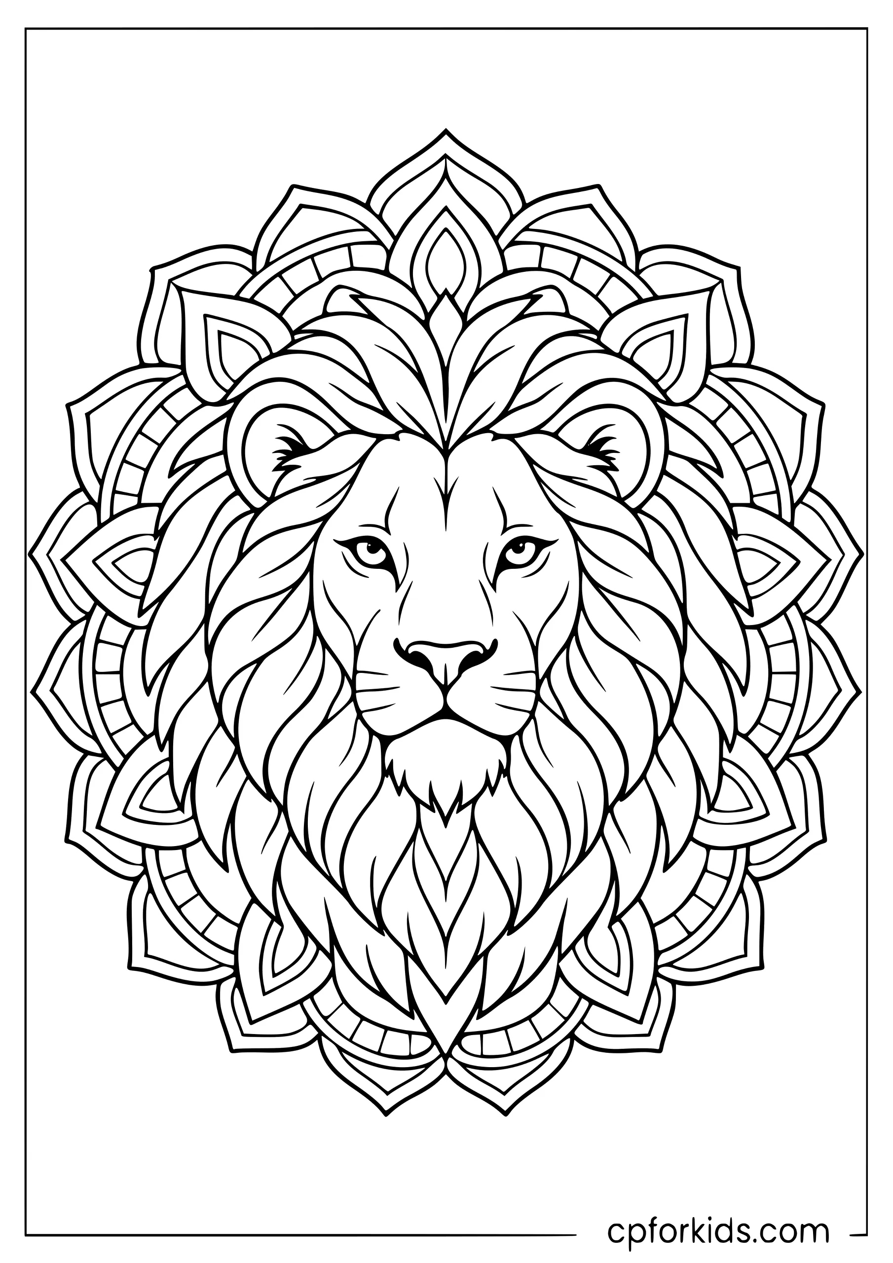 Symmetrical lion face surrounded by layered mandala patterns