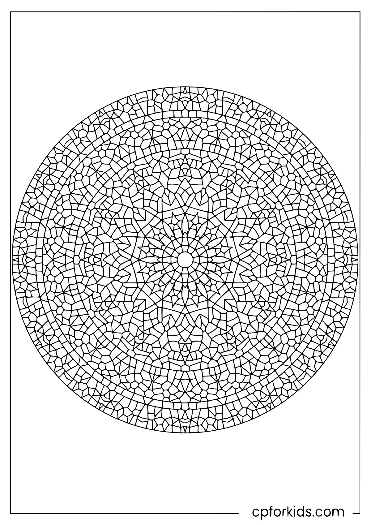 Detailed mosaic mandala divided into small geometric pieces