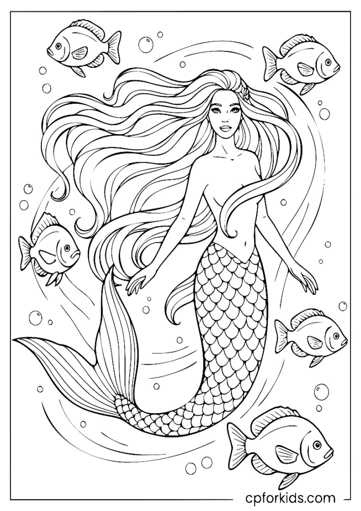 Detailed mermaid coloring page with realistic fish