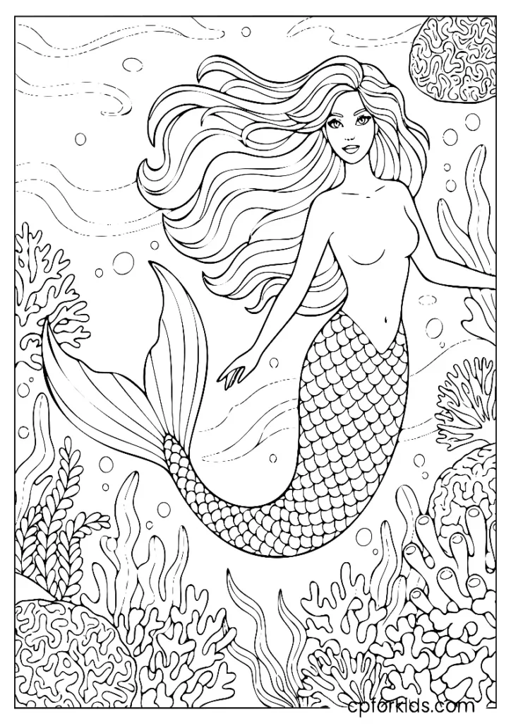 Detailed mermaid coloring page in tropical coral reef