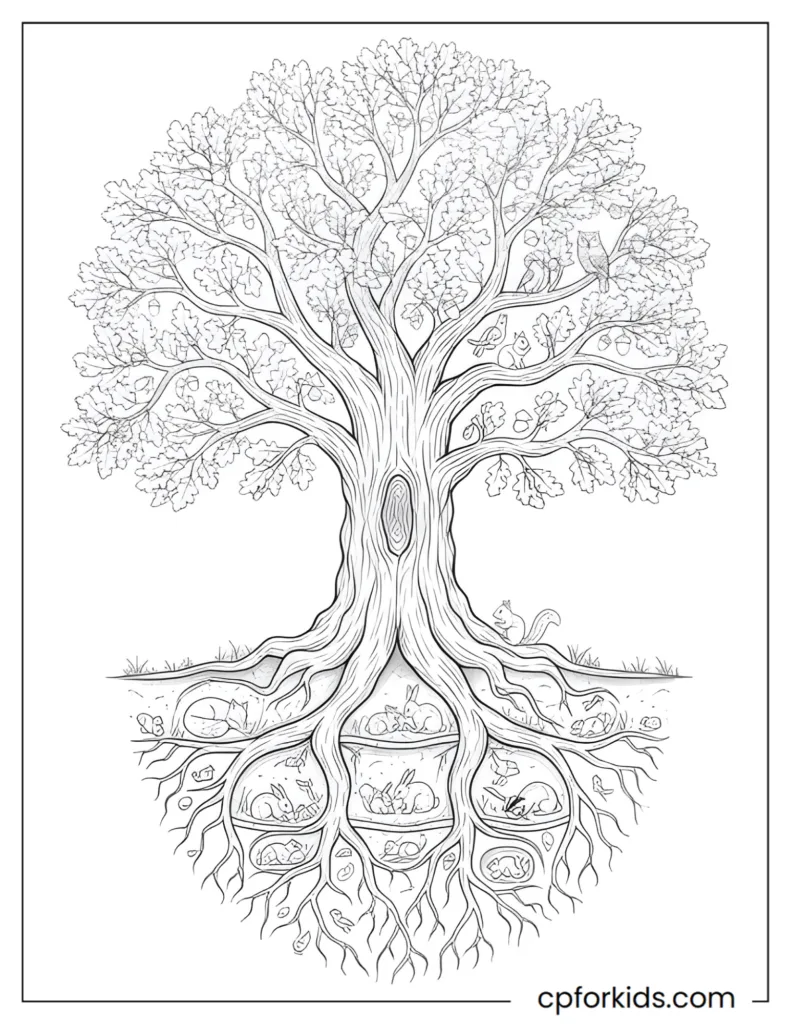 Detailed Nature Illustration Coloring Pages Detailed nature coloring page illustrating an oak tree cross-section with roots, branches, and small animals underground.