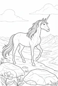 Realistic unicorn standing on a rocky hillside above a valley
