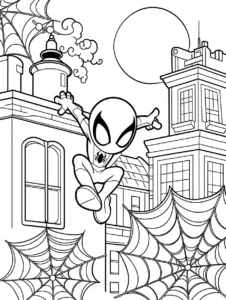 Detailed Spider-Man posed among large city web patterns