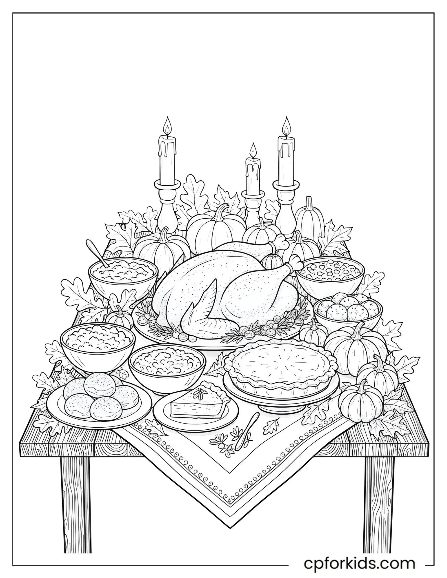Roast turkey and side dishes covering a candlelit table