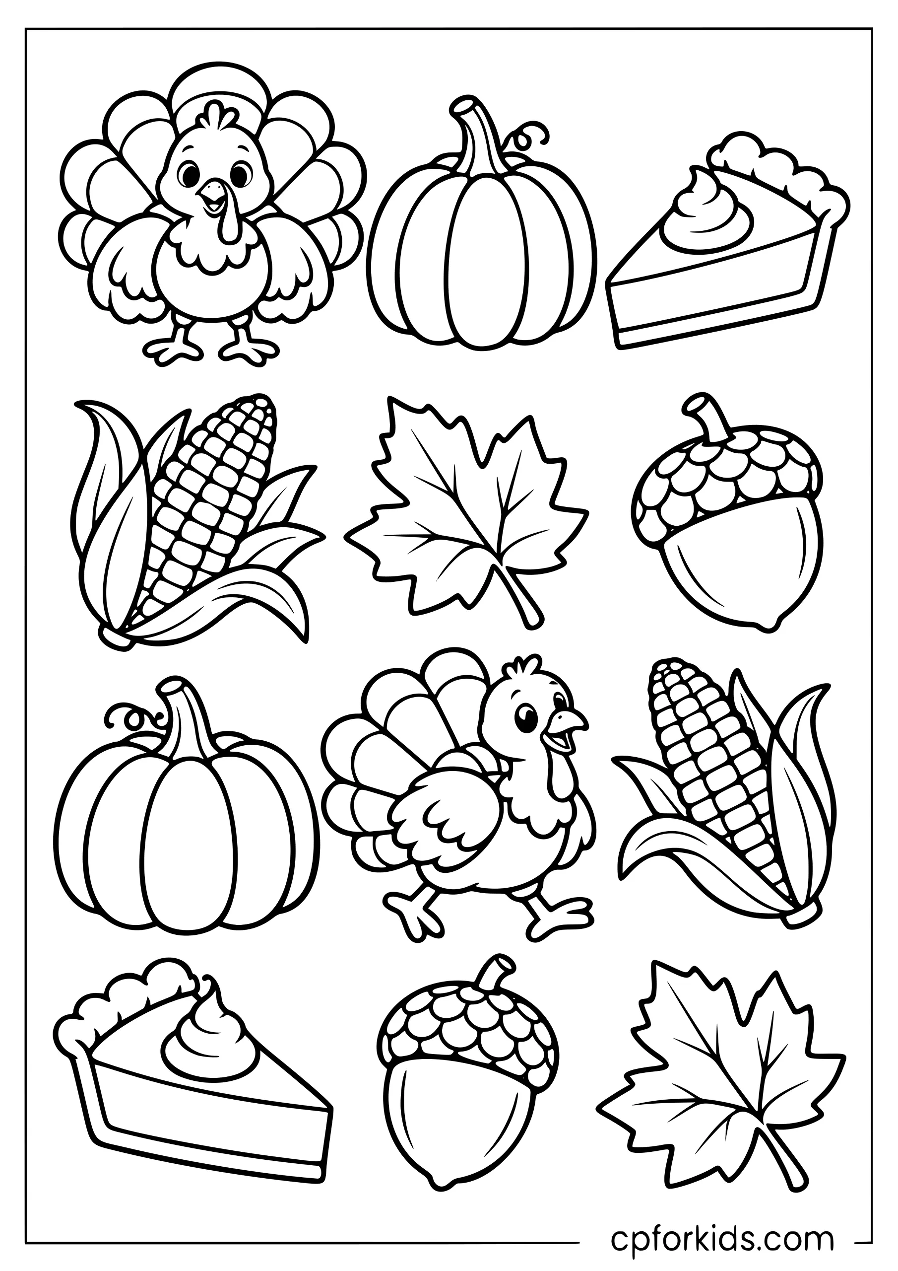 Turkeys, pumpkins, pie, corn, leaves and acorns in rows
