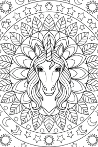 Detailed unicorn portrait surrounded by symmetrical mandala patterns