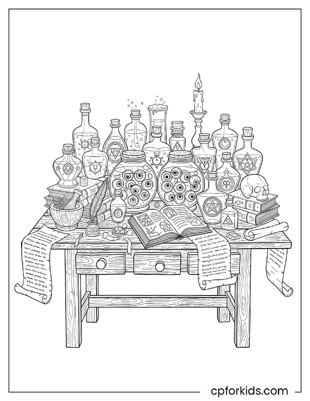 Witch's table with jars and scrolls
