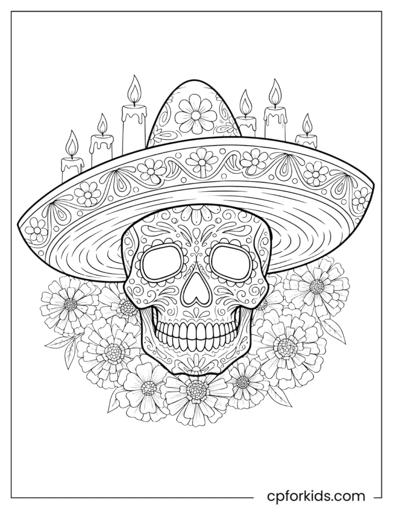 Dia de los Muertos Skull Coloring Pages Dia de los Muertos skull coloring page featuring a decorated skull wearing a sombrero with marigold flowers and traditional elements.