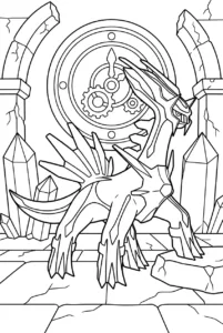 Dialga walking through ancient ruins surrounded by large crystals