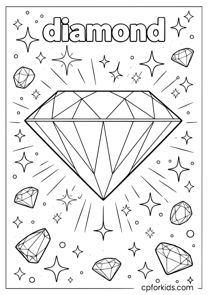 Diamond shape coloring page with large gem diamond and sparkle details for kids