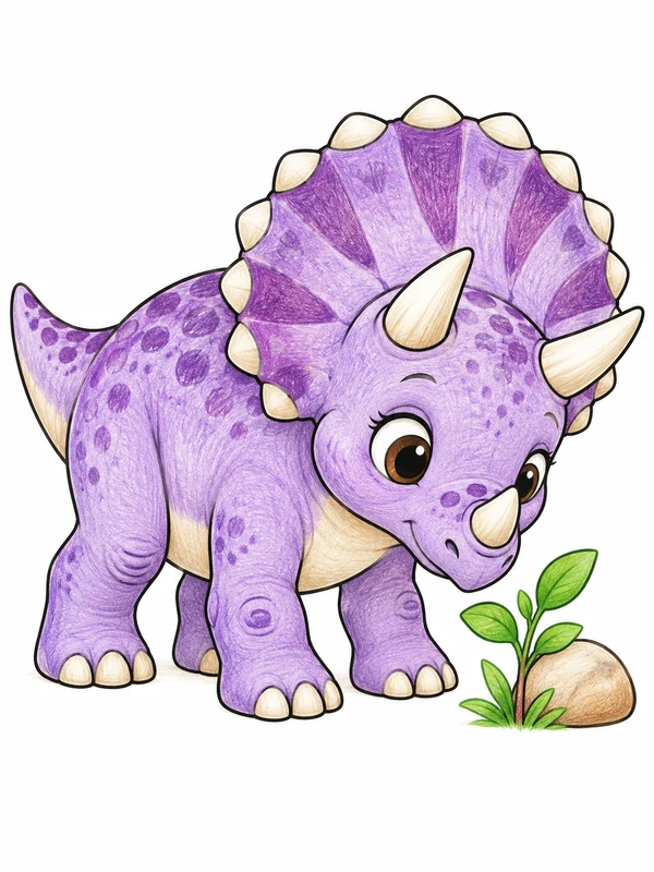 Purple baby triceratops beside a small plant and stone