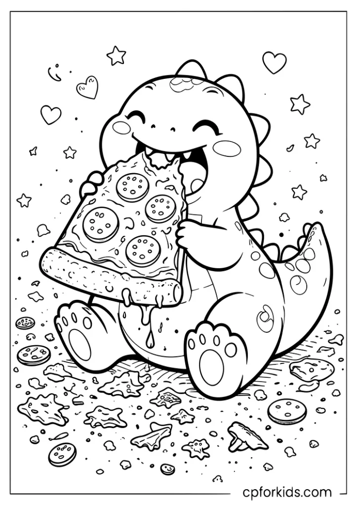 Cute cartoon dinosaur happily eating a giant pizza slice coloring page for kids