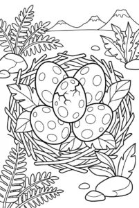 Dinosaur egg nest with large spotted prehistoric eggs