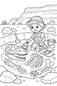 Child paleontologist uncovering a dinosaur fossil dig