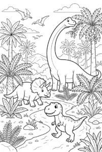 Different dinosaurs exploring a prehistoric jungle together