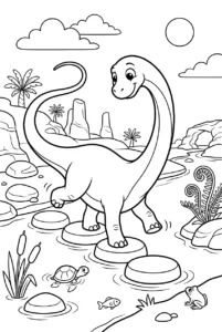 Cute Diplodocus crossing stepping stones online coloring page