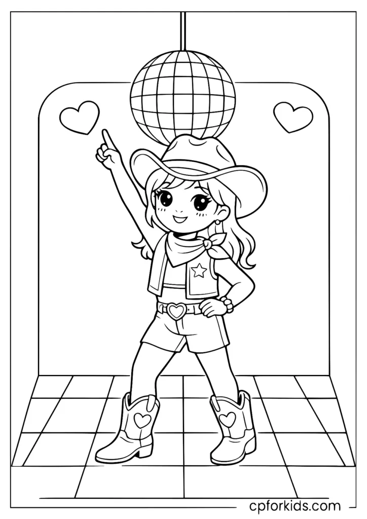 Disco cowgirl coloring page with a disco ball and a checkered dance floor