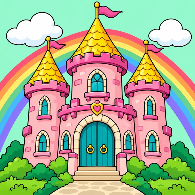 Pink fairy tale castle beneath a rainbow