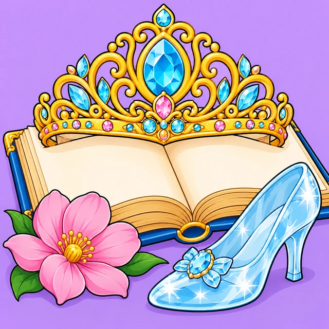 Golden tiara and glass slipper beside an open book