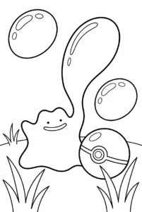 Ditto stretching into a playful shape beside a large Poké Ball