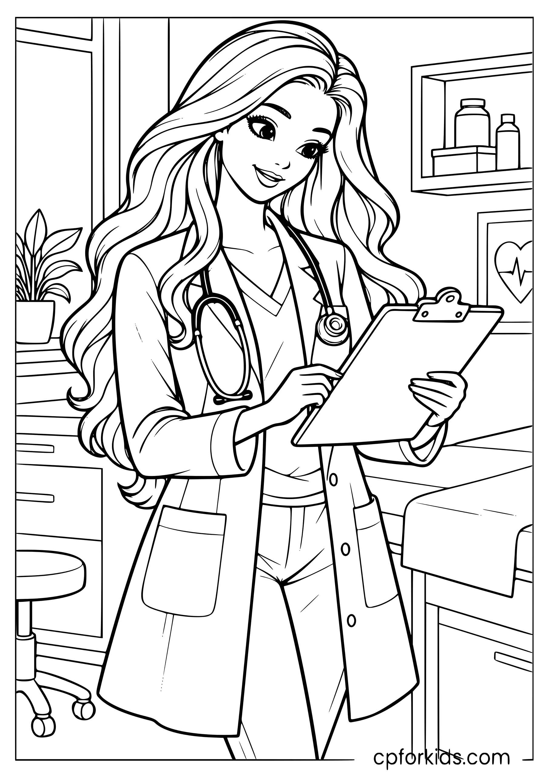 Barbie in a doctor's coat reviewing a patient chart
