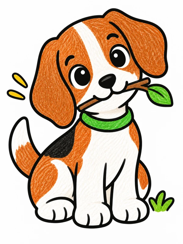 Beagle puppy holding a leafy twig in its mouth