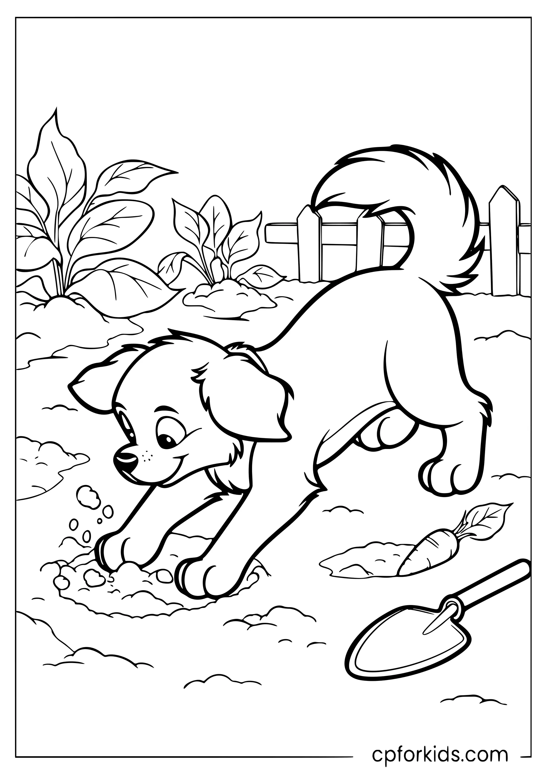 Dog digging a hole in a vegetable garden