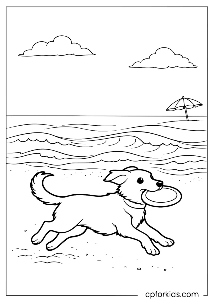 Happy dog running on the beach with a frisbee in its mouth