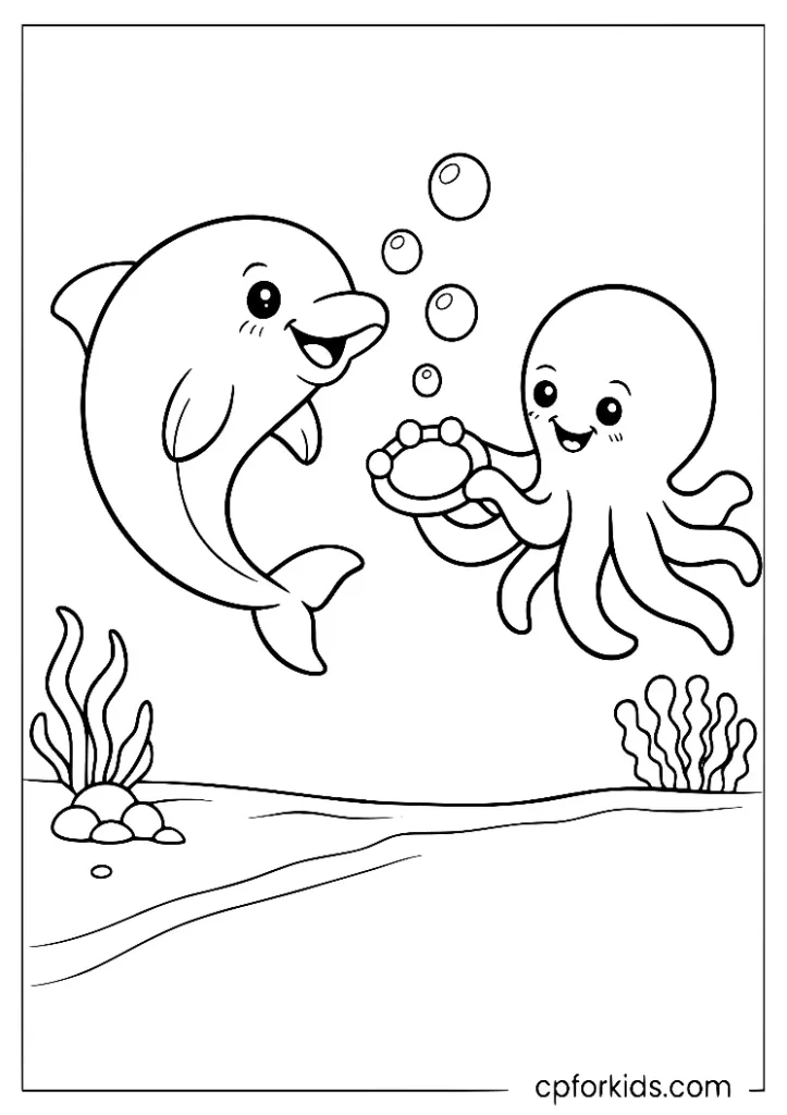 Dolphin playing with a friendly octopus