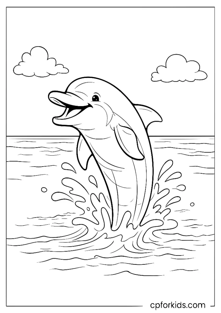 Dolphin emerging from the ocean surface coloring page