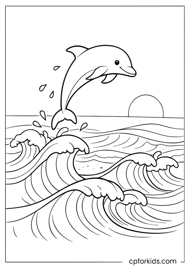 Dolphin leaping over big ocean waves with splashes coloring page