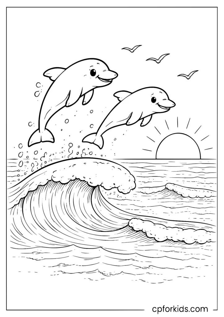 Dolphins and seagulls at sunset coloring page