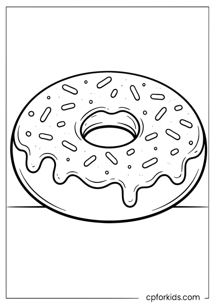 Donut fast food coloring page with icing and sprinkles for kids