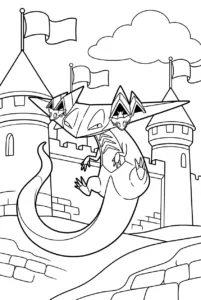 Dragapult flying above castle walls with two Dreepy on its head