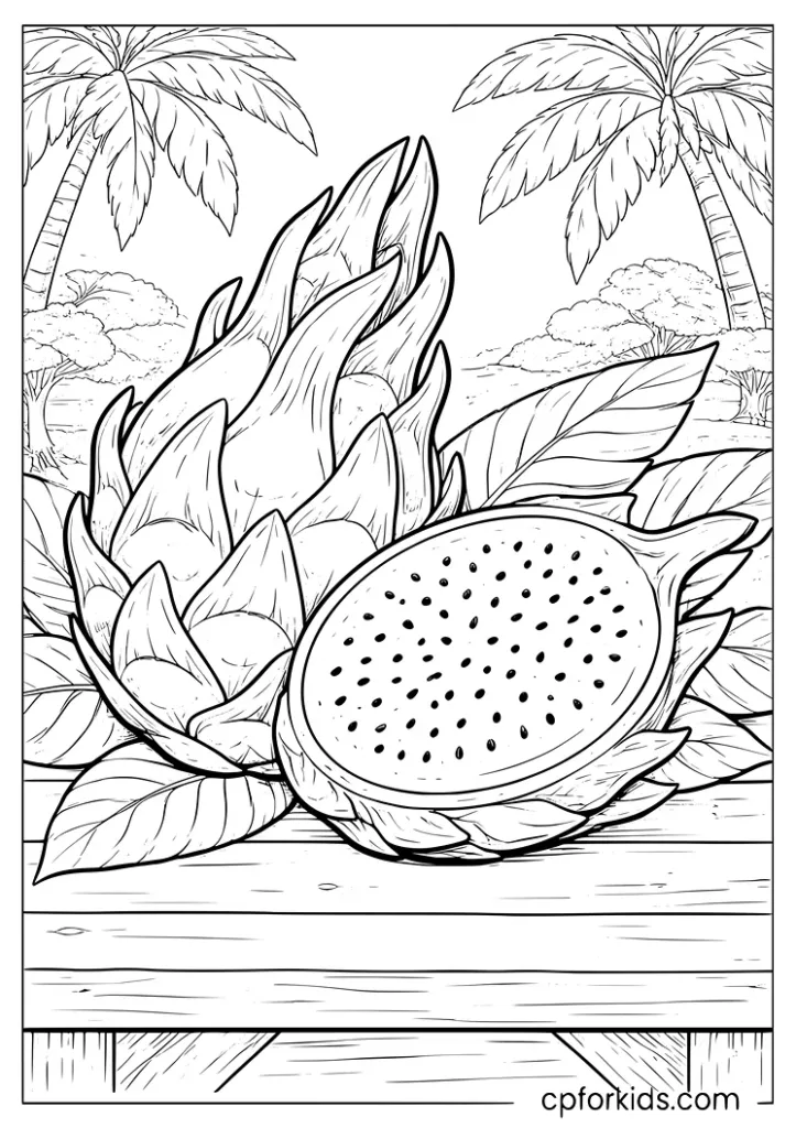 Dragon fruit whole and cut open on a tropical table coloring page