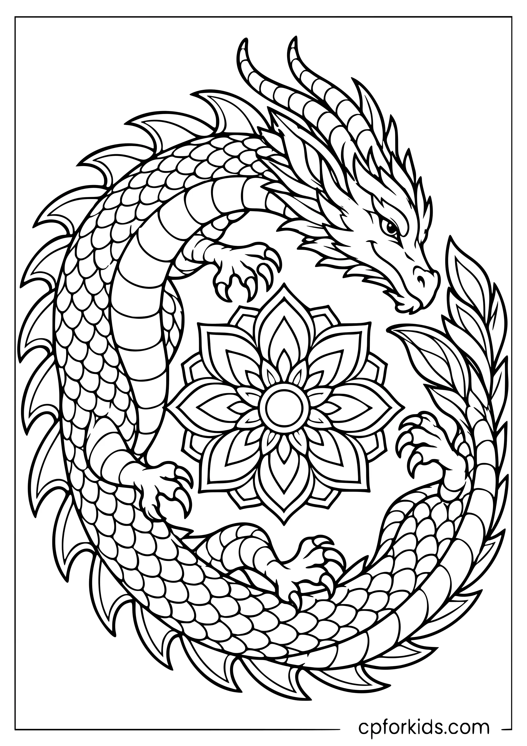 Wingless dragon coiled into a circular mandala shape